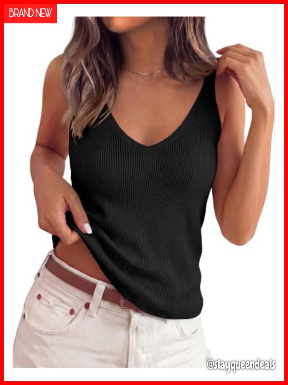 Ribbed Knit Sweater Tank Top Sleeveless Double V-Neck Vest